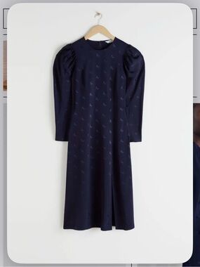 & Other Stories Navy Midi Dress with Subtle Jacquard